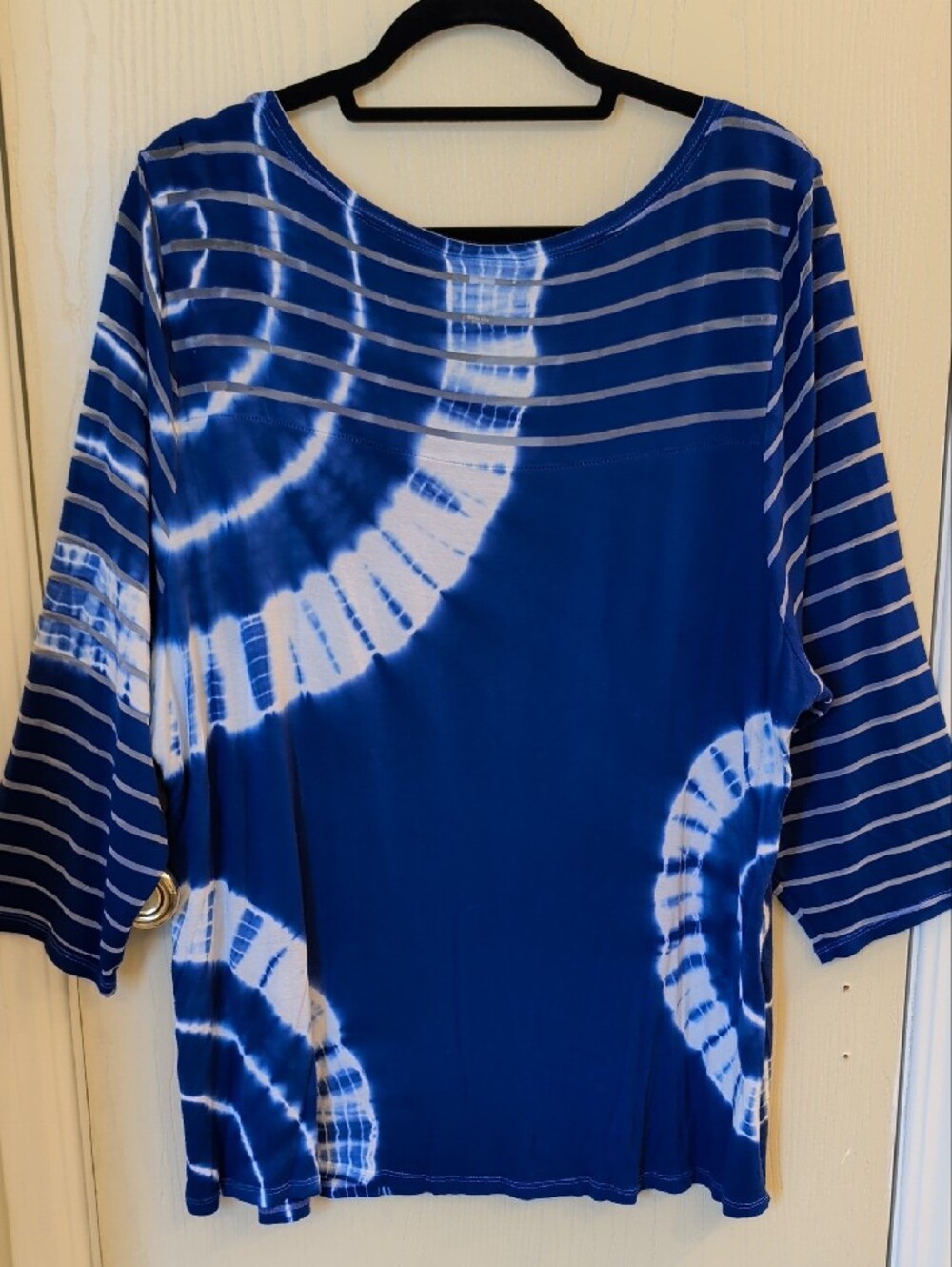 INC Blue Tie Dye Stripe Sheer Sleeve Rhinestone Top 3X Plus Size Blouse - Picture 2 of 8